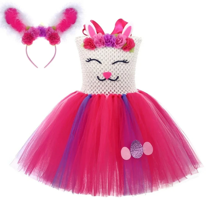 Flower Easter Bunny Costume for Baby Girls Rabbit Halloween Tutu Dress for Kids Birthday Party Outfit 3 Layered Princess Dresses