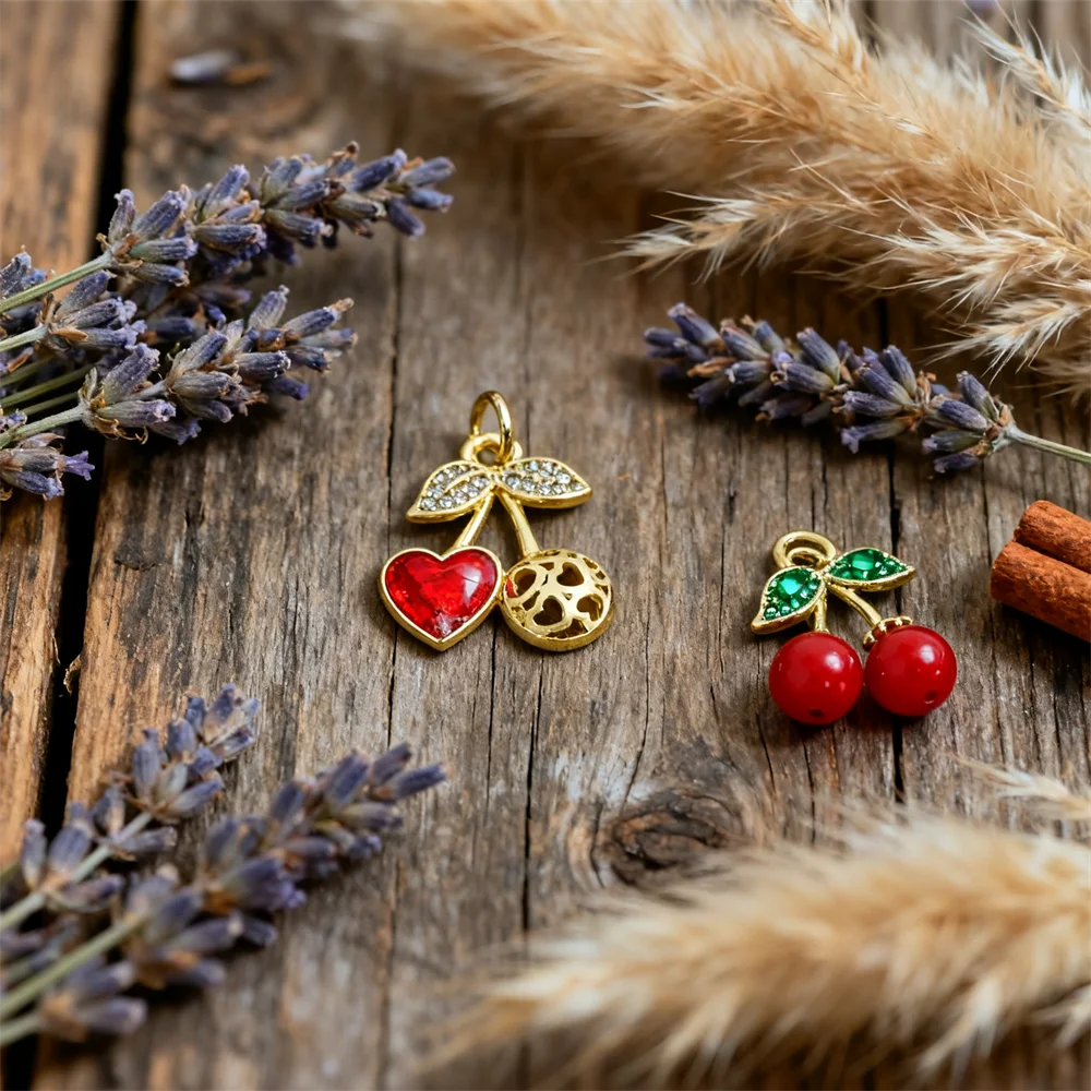 2Pcs Pendants Brass Enamel Cubic Zirconia Cherry Heart Charms for DIY Jewelry Necklace Bracelet Making Unique Fruit Accessories
