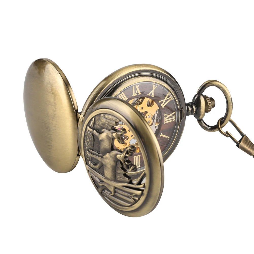 Vintage Xmas Gift Men's Bronze Mechanical Hand Winding Pocket Watch Double Hunter Fob Chain Pendant Clock Roman Numerals Dial