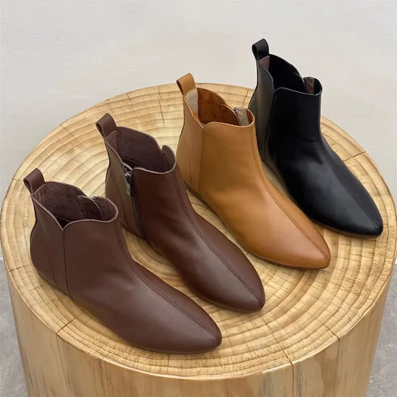 

GKTINOO Genuine Leather Ankle Boots Women Retro Low Heel Shoes Pointed Toe Zipper Casual Ladies Short Boots Office Women Shoes