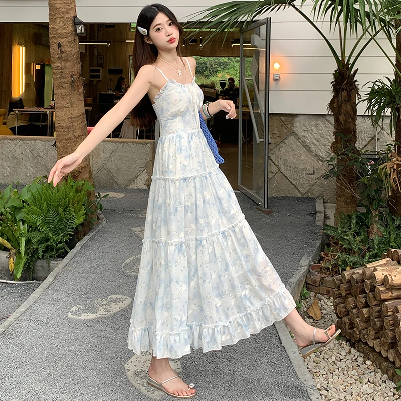 

Sweet Girl Jacquard Chiffon Strap Dress Women's Summer Holiday Style A-line Floral Long Dress Fashion Female Clothes