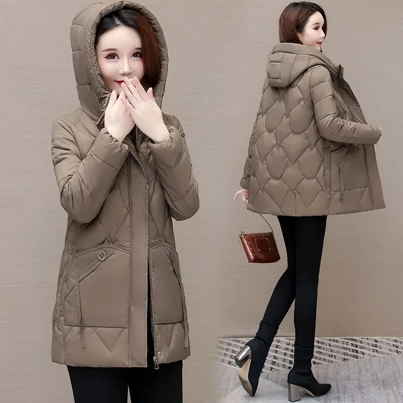 Womens Cotton-Padded Coat 2024 New Winter Puffer Jacket Mid-Length Warm Down Cotton Parkas Coat Mom Outwear Casual Hooded Jacket