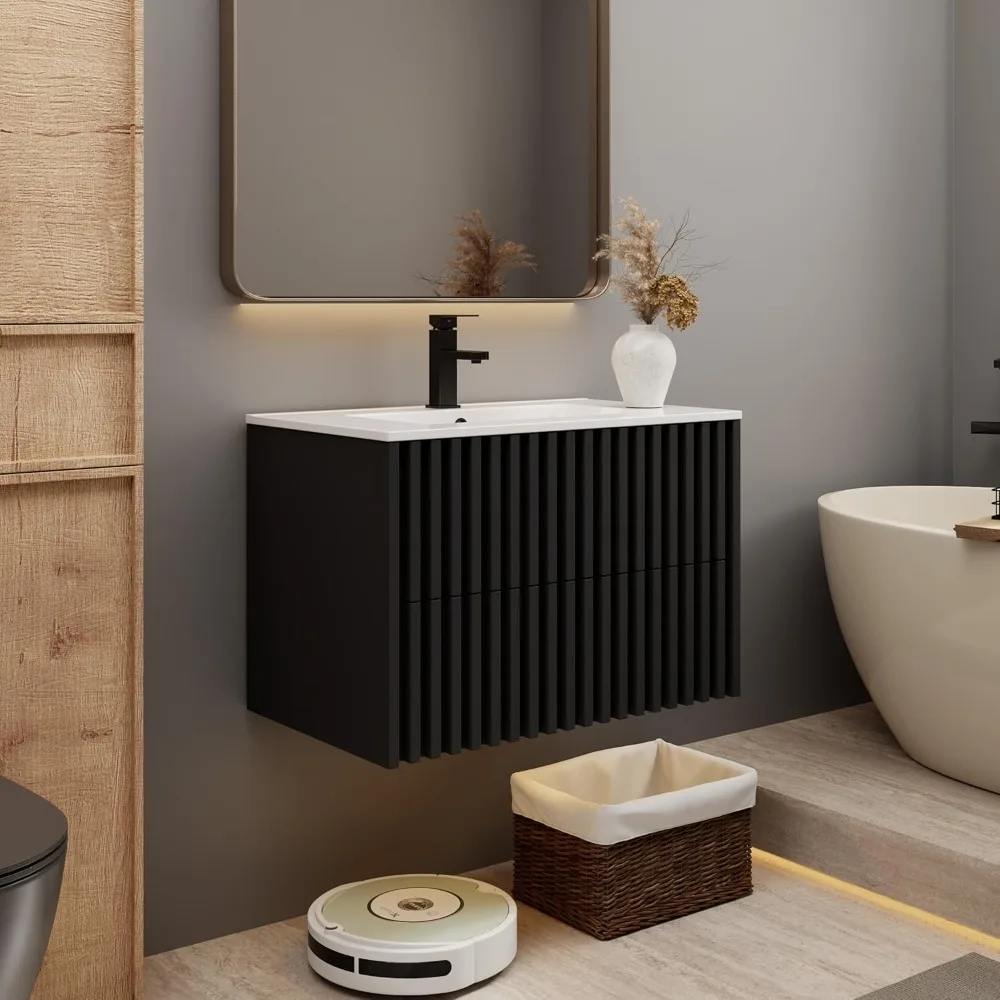 

30" Floating Bathroom Vanity with Sink Combo, Modern Wall Mounted Cabinet with 2 Fluted Drawers, Undermount Sink, Faucet