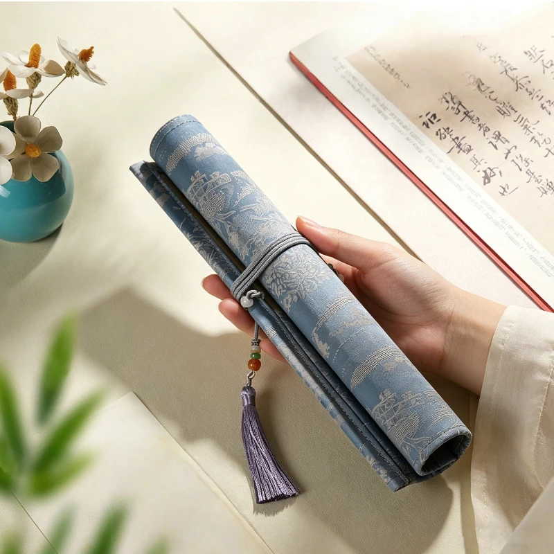 Picture 5: Bamboo Brocade Satin Retro Ventilated Calligraphy Brush Roll Curtain Large Capacity Chinese Painting Ink Brush Storage Organizer