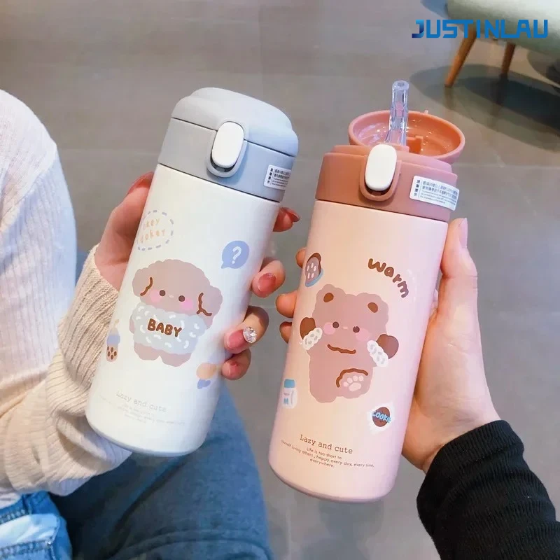 JUSTINLAU Bear Cups 380ml Cartoon Thermos for Girl Cute Little Student Portable Straw Water Bottle Thermos Vacuum Flask Drinking