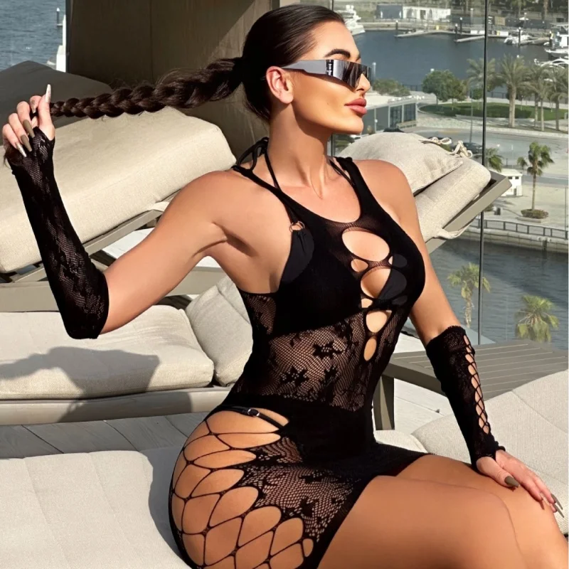 انظر من خلال الخامس الرقبة عالية تمتد مثير شبكة صيد السمك التستر مع الأكمام الجوف خارج Bodycon Dress5104 #