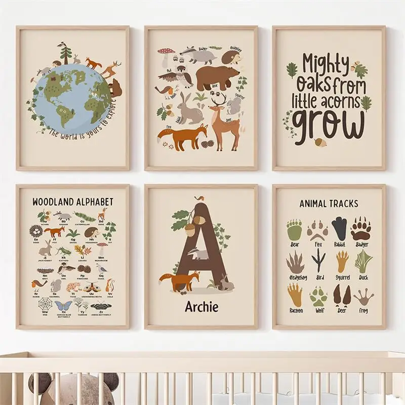 Earth Fox Bear Rabbit Deer Animal Tracks alphabet Wall Art Canvas Painting Posters And Prints Wall Pictures Baby Kids Room Decor