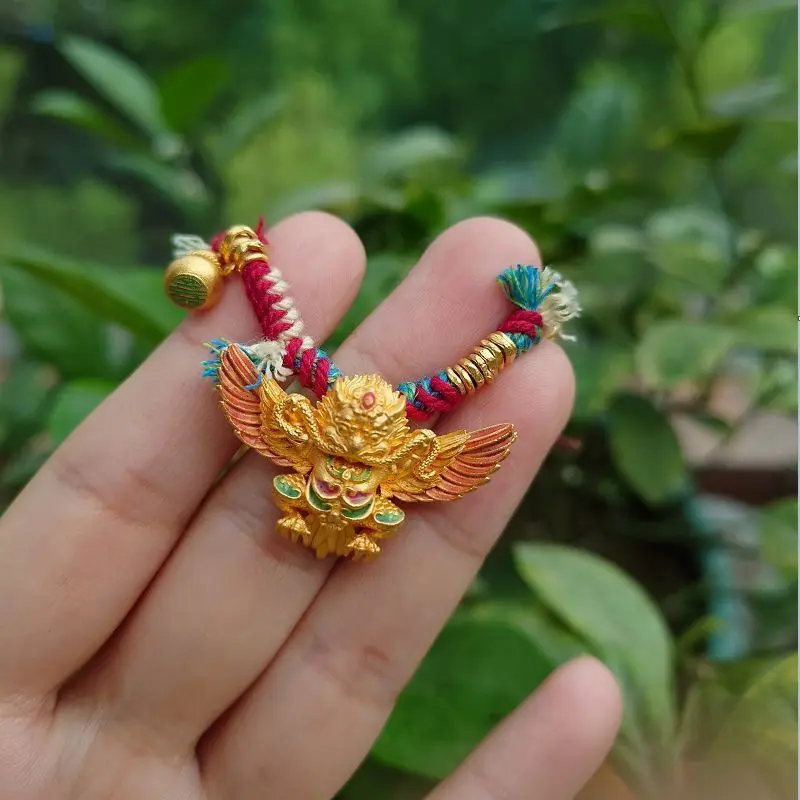 

Brass Antique Tibetan Golden Winged Roc Bird Garuda Tower Necklace Handmade Chiseling Dharma Lang Pendant