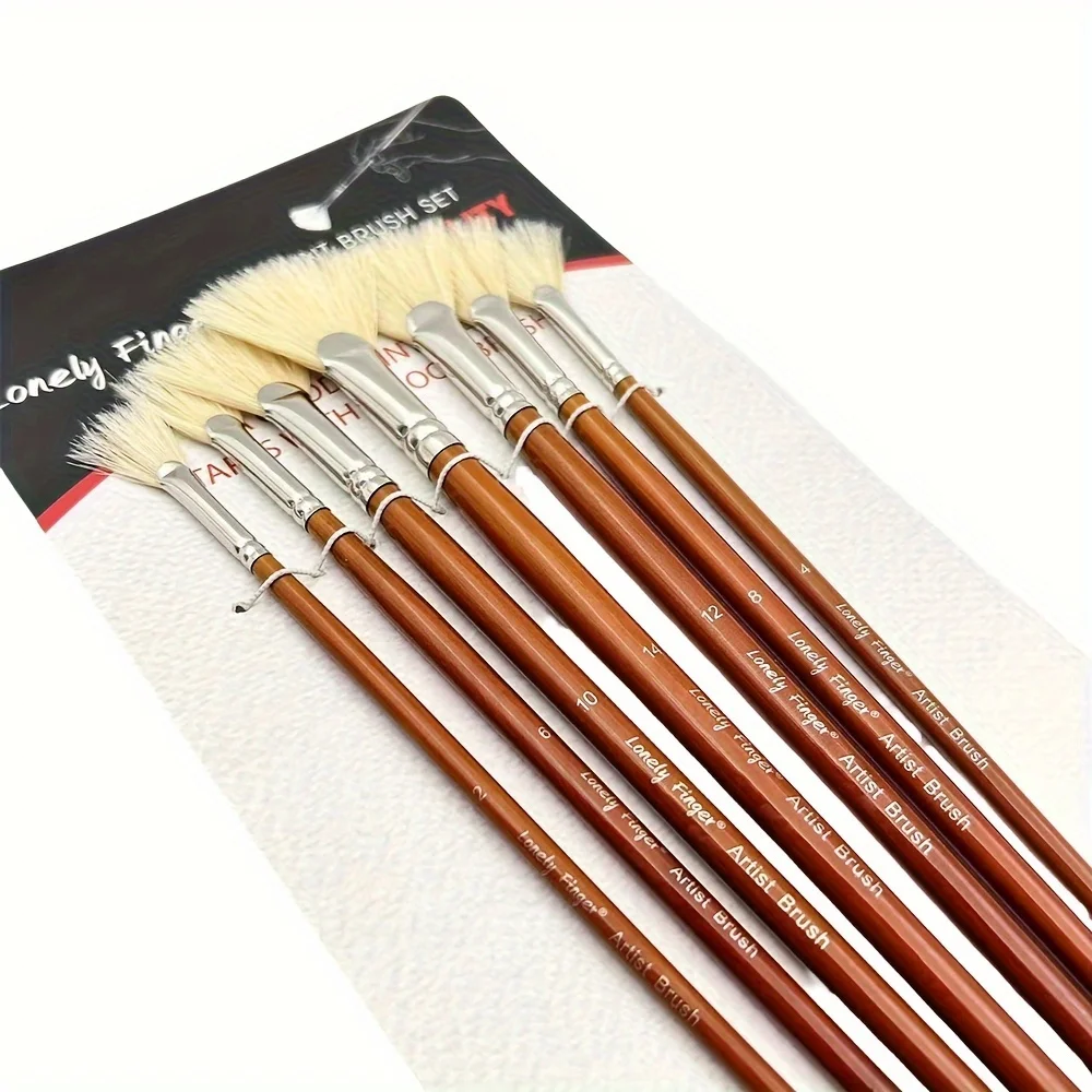 7/14pcs Artist Fan Paint Brush, Hog Bristle Natural Hair Anti-Shedding Brush Tips, Long Wooden Handle for Comfortable Holding