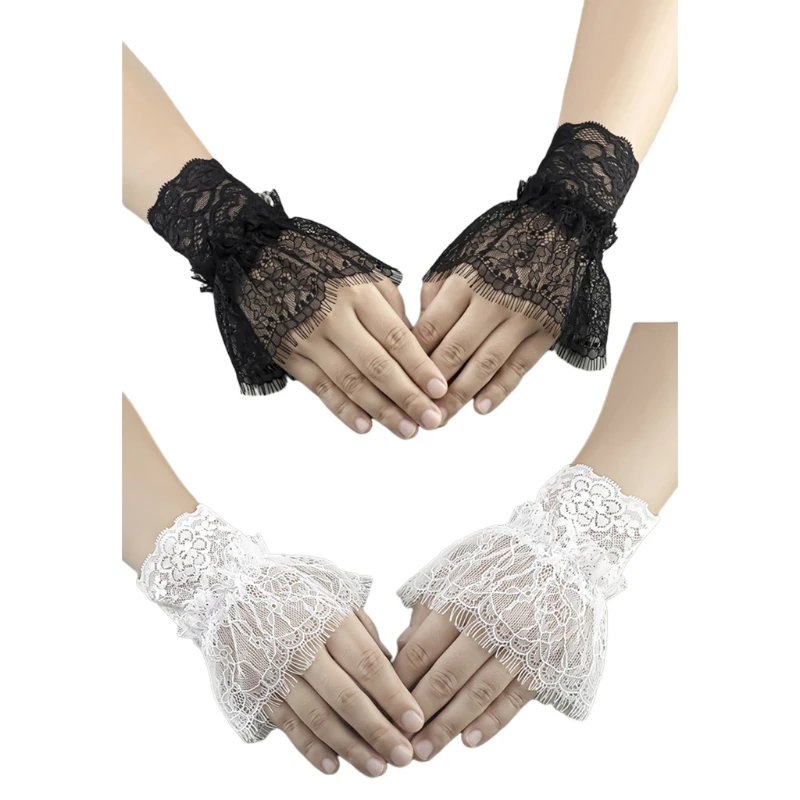 

Women Pleated Lace Hook Arm Sleeves Elegant False Arm Sleeves Elastic Wrist Cuff