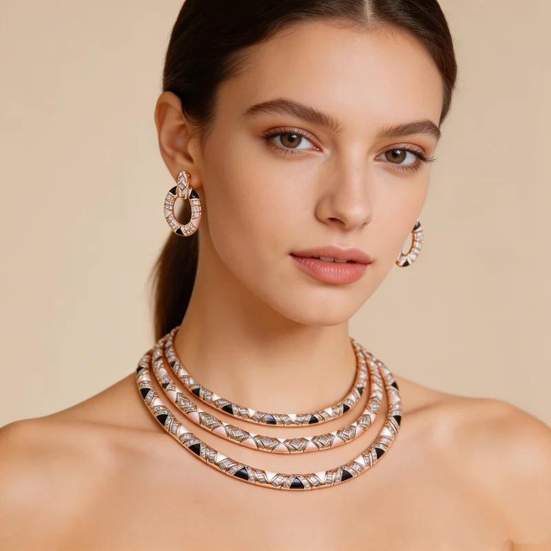 Elegant Bridal 2Pcs Fine Jewelry Set Inlay Cubic Zirconia Mother Of Pearl Onyx Choker Necklace Earrings Dinner Party Jewellery