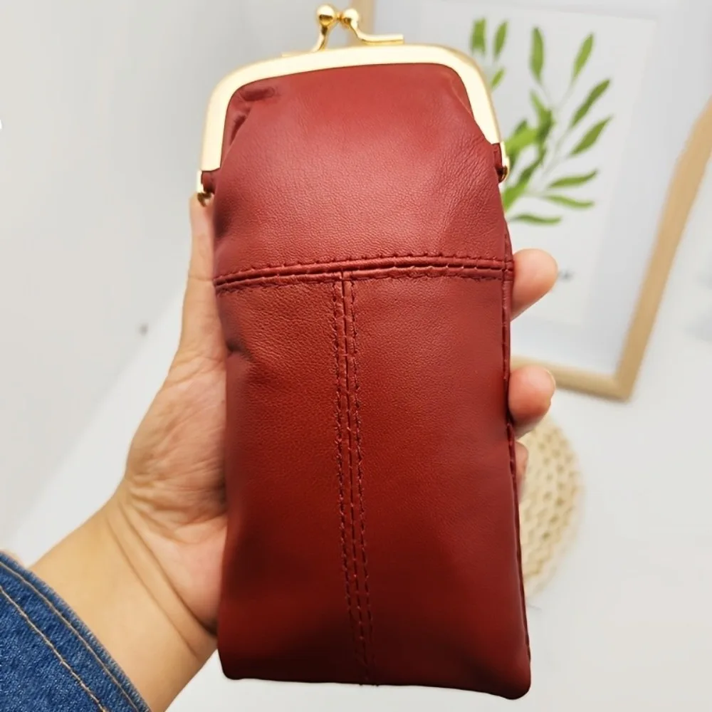 Secure Closure Leather Kiss Lock Purse Metal Frame Multi-Functional Retro Clasp Eyeglasses Bag Large Capacity Solid Color