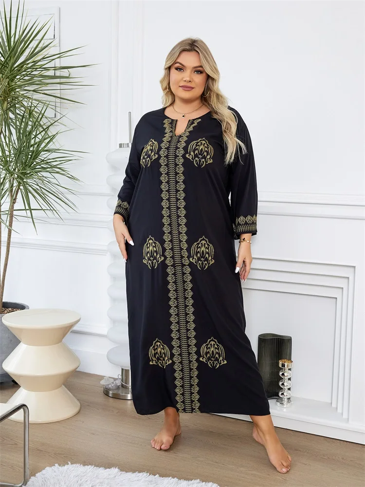 Embroidery Plus Size Long Sleeve Kaftan Beach Dress Bathing Suit Cover Up 2024 Women Summer Beachwear Moo Moo Dress Q1603