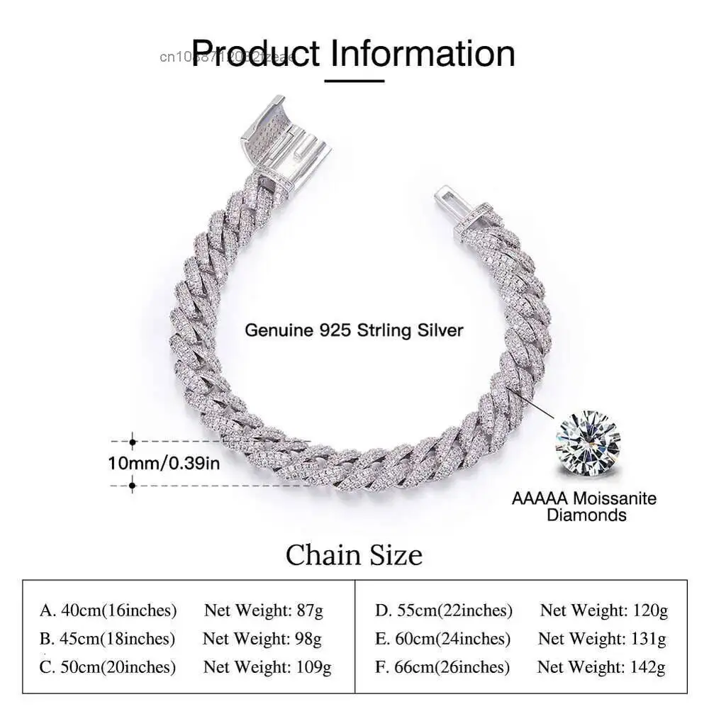 Luxury Smn53 S925 Sterling Silver Jewellery 10mm Pass Diamond Tester Iced Out Moissanite Cuban Link Chain Hip Hop Vvs1 Moissanit