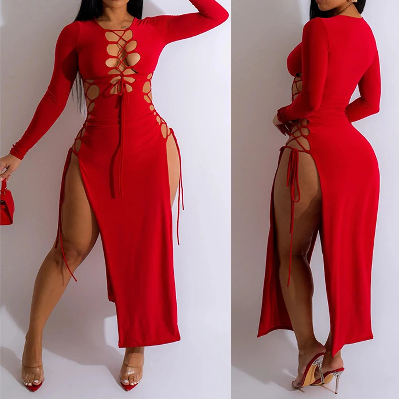 Sexy Vrouwelijke Effen Kleur Hoge Split Criss-Cross Veteraan Maxi Jurk Laag Uitgesneden V-Hals Lange Mouw Mode Nieuwe Onregelmatige Slanke Clubkleding