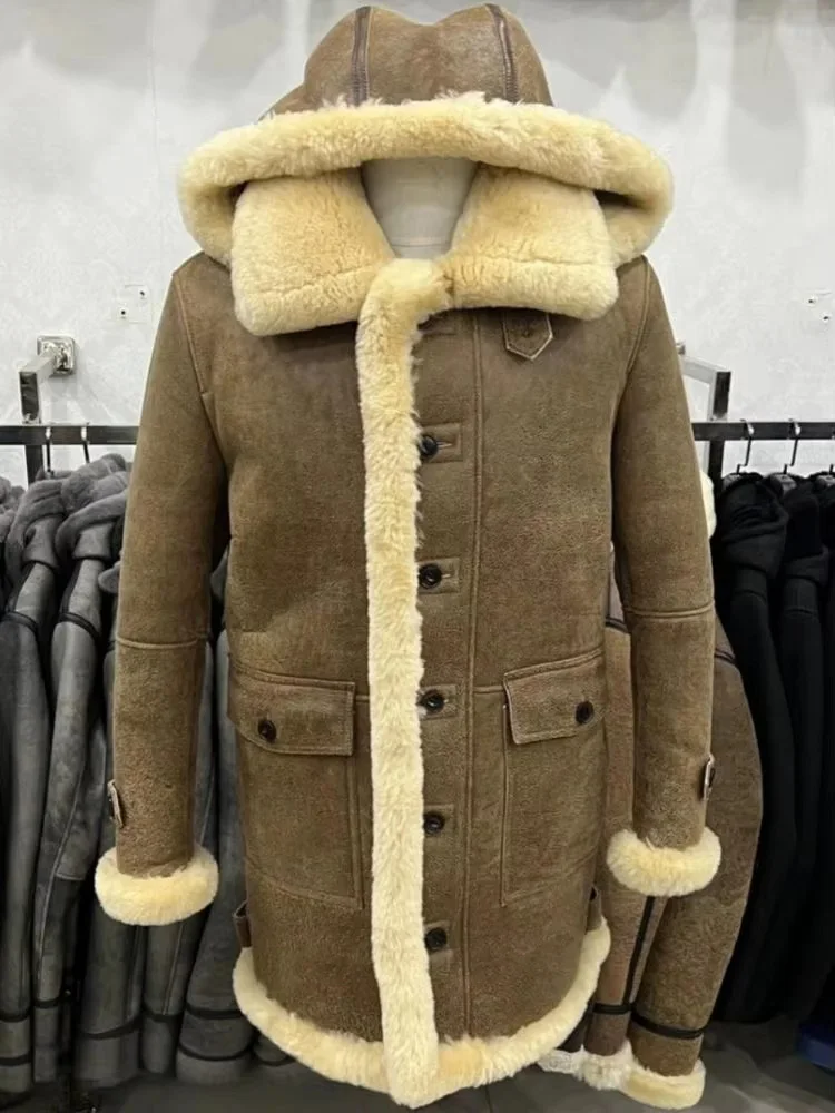 Negócios estilo casual cor sólida masculino mangas compridas com capuz pele real único breasted bolso artesanal casaco de pele de carneiro