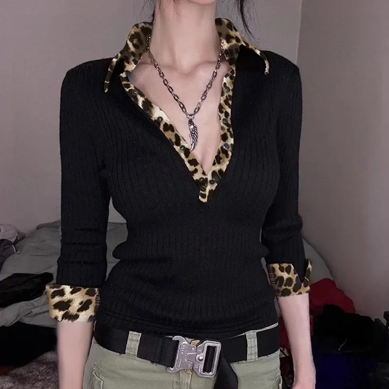 Sexy American Sle Low Cut V Ne Knitted Base Irt Women's Winter Ne Leopard Print Inner Wear Sweater Casual Slim Fit