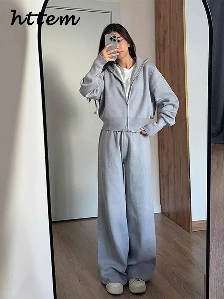 

Casual Knit Pants Sets 2 Pieces For Women Zippers Long Sleeve Short Jacket Wide Leg Trouser 2024 Autumn Lady Solid Tracksuit New