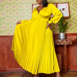 New Yellow Green White Robes Sexy Plus Size Dress Pleated Long Sleeve Woven Women's Elegant Dresses For Parties 2024 Extra Large