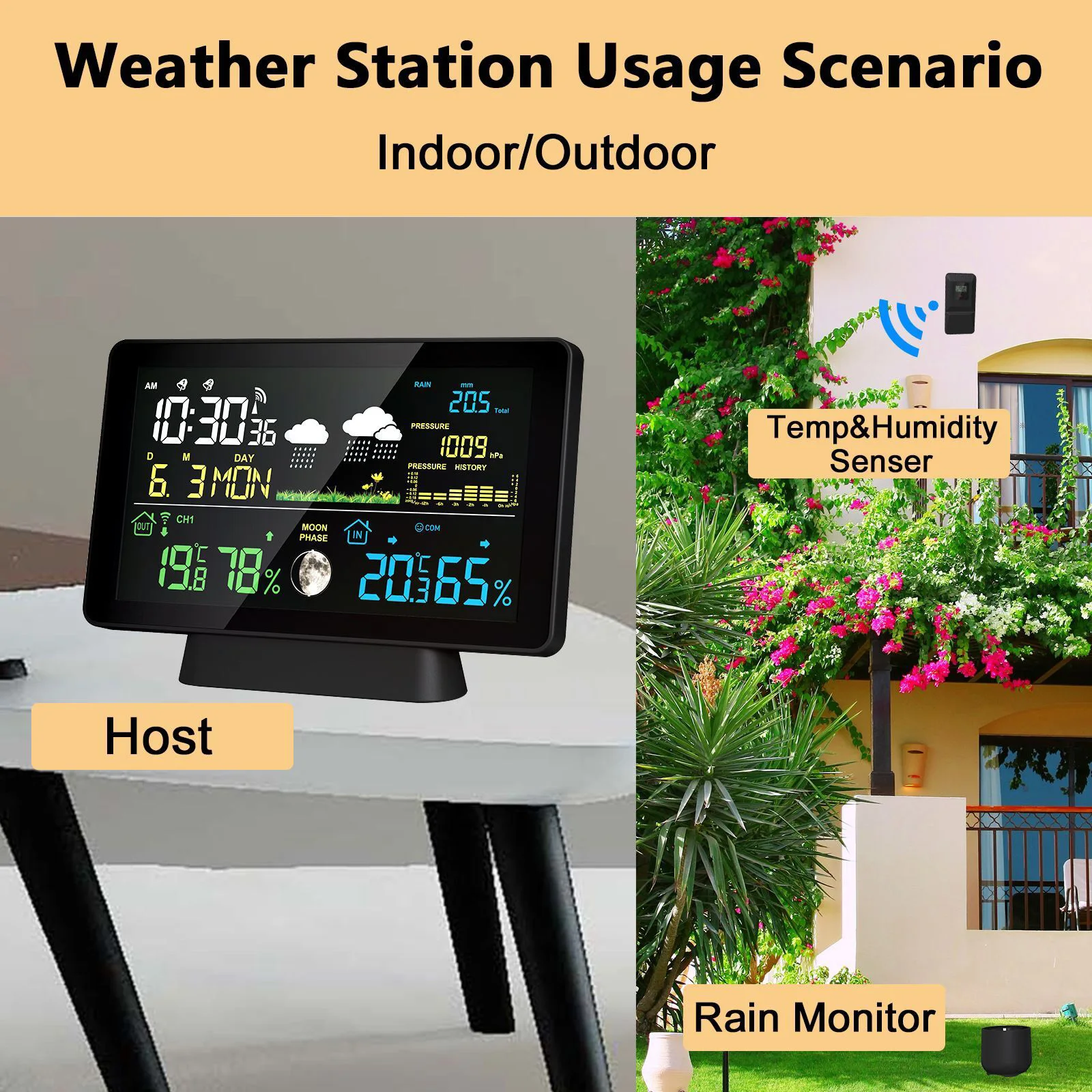 Wireless Weather Station 8-in-1 Indoor/Outdoor Thermometer Temperature Humidity Time Date Radio Signal Air Pressure Moon Phase