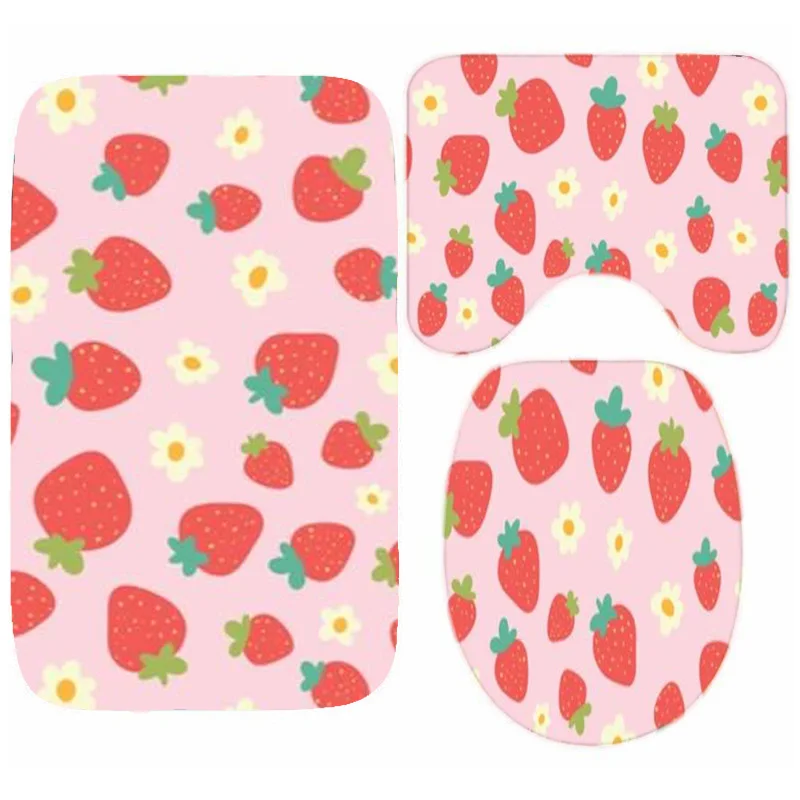 Kawaii Pink Strawberry Bathroom Mat Set 3PCS Cute Strawberry Flower Pattern Bath Rug Carpet Toilet Lid Cover Bedroom Accessories