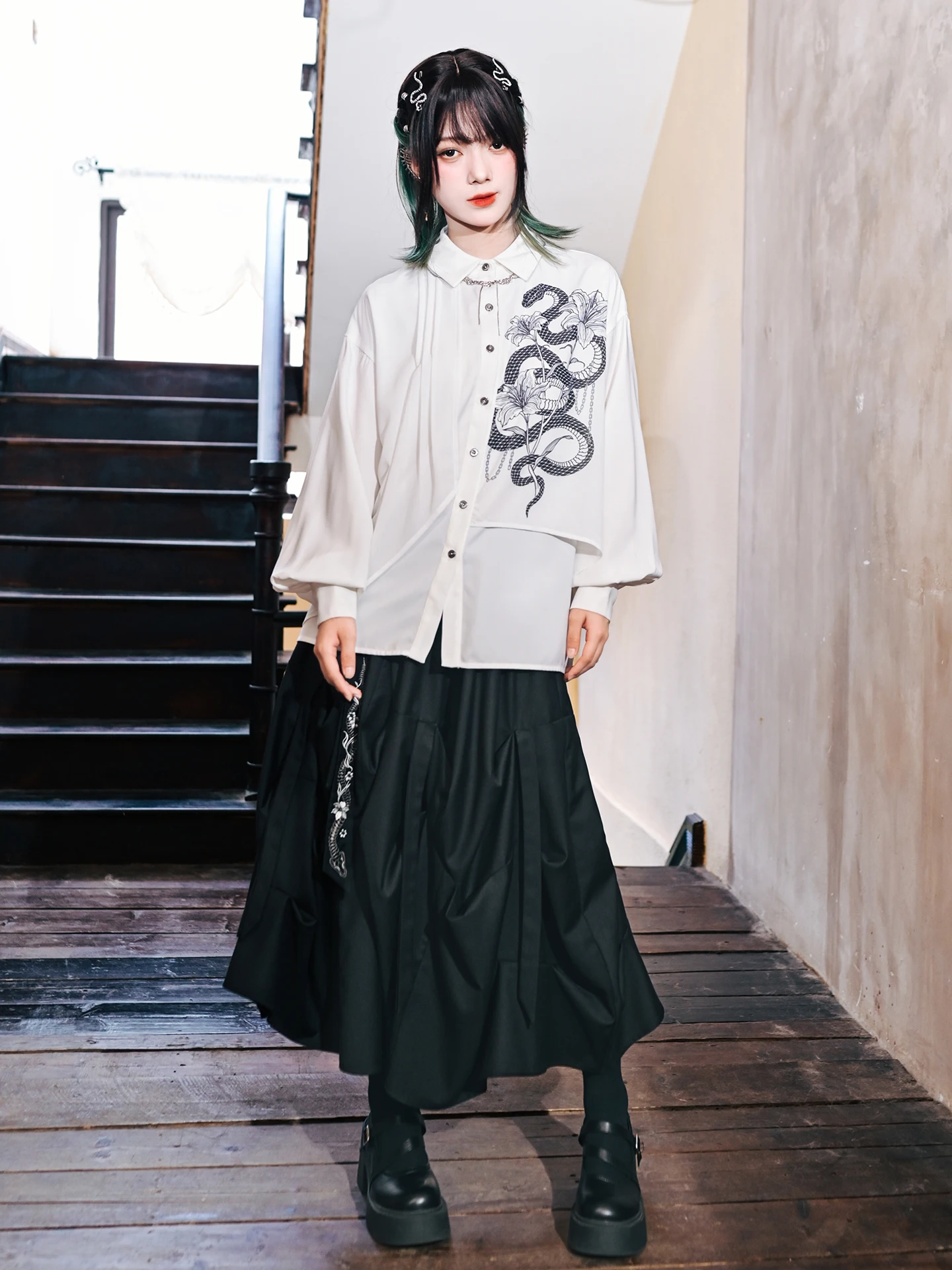 K chinois Sle Double couche imprimé irt Design lanterne Sve Patchwork flocon de neige haut femmes coupe ample longue Sve Blouse