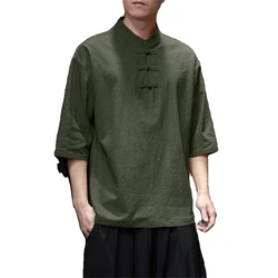 2024 Men's New Disc Buckle Cotton Linen Hanfu Tops Chinese Style Plus Size Fashion Casual T-shirt Male Loose Breathable Pullover