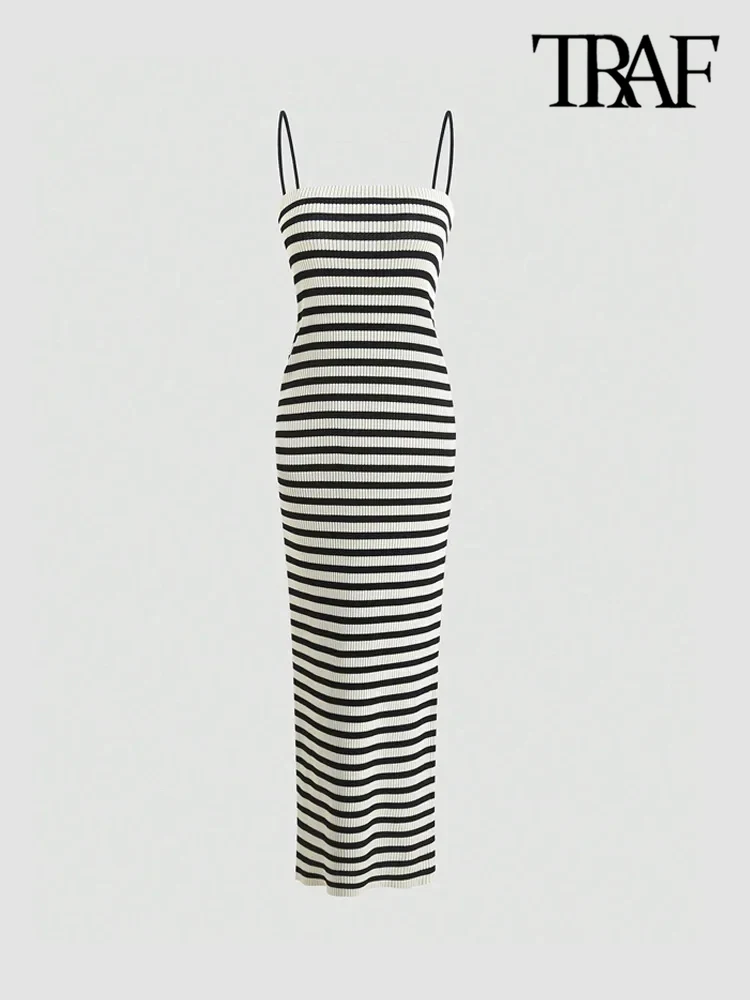 TRAF-Striped Knit Midi Dress for Women, Straight Neck, Thin Straps, Female Dresses, Fashion