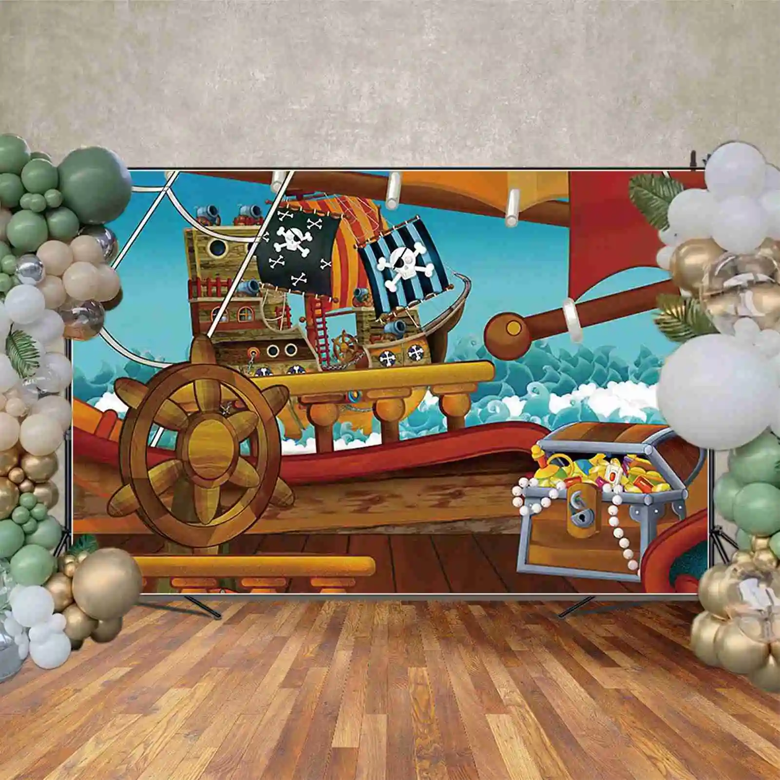 MOON.QG Pirate Ship Photography Backdrop World Map Wheel Sailing Photozone Background Children Studio Photobooth Props
