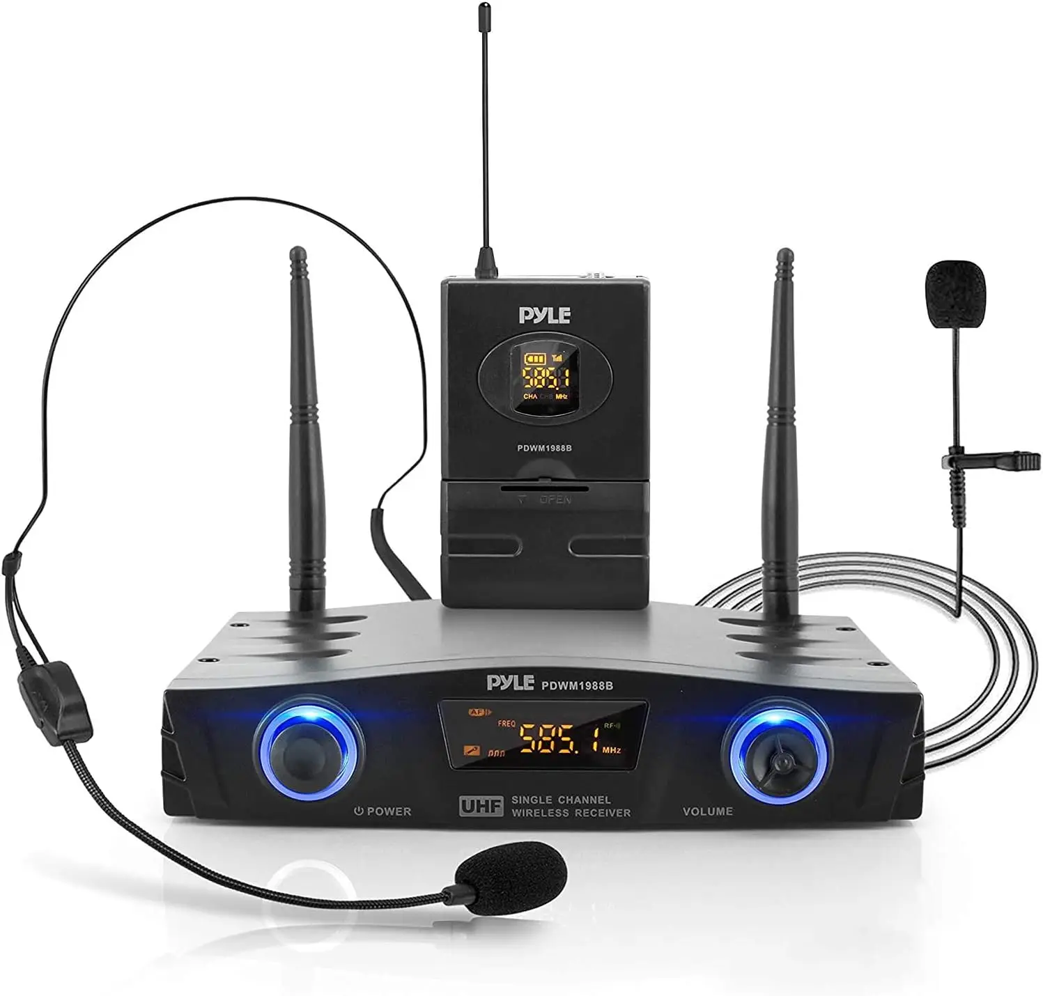 Compact UHF Wireless Mic System - 1 Channel Digital Receiver w/ Belt-Pack, Headset & Lavalier Mics, XLR, Black, PDWM1988B