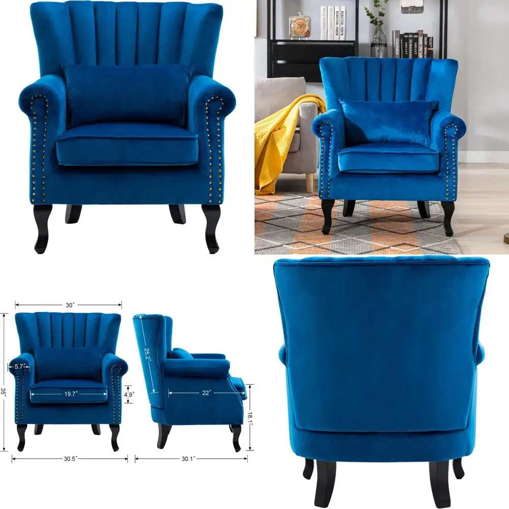 Mid-Century Modern Velvet Wingback Sofa Chair with Tufted Back and Pillow for Living Room Lounge Area