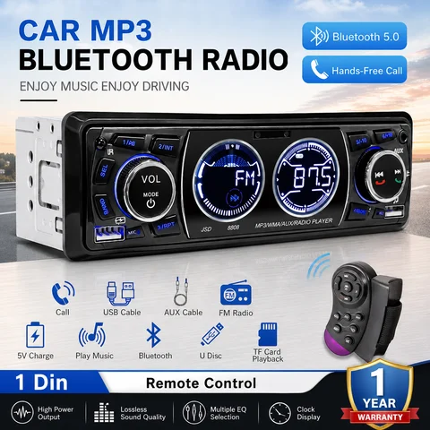 Hippcron Car Radio 1din Stereo MP3 Player Audio Bluetooth5.0 FM Receiver Dual USB Support AUX/USB/TF Card 12/24V Universal