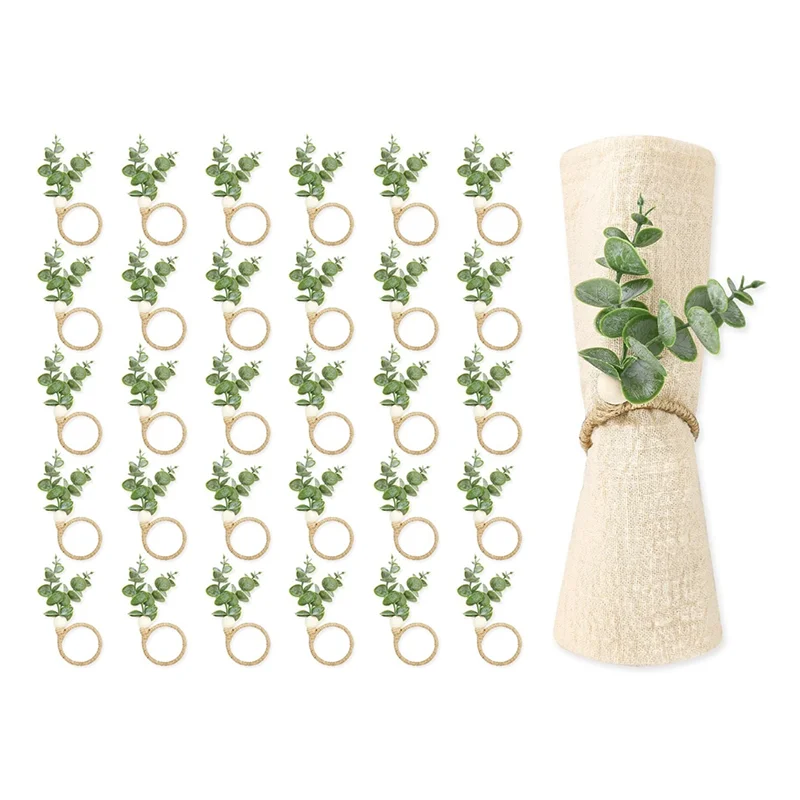 J1UL1N Napkin Rings Set Of 30 Rustic Eucalyptus Leaf Rings Wood Bead Farmhouse Napkin Rings For Weddings & Table Decoration