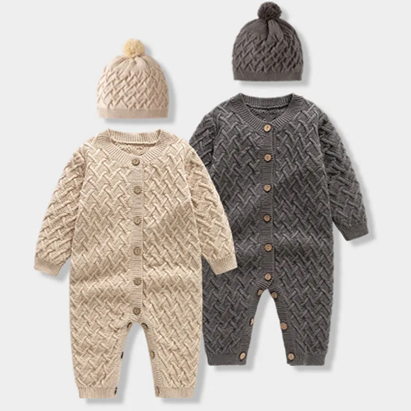 

Autumn Winter 0-24M Children Knitted Clothes Korean Style Climbing Suit Toddler Baby Boys Girl Solid Color Knitted Romper+Hat