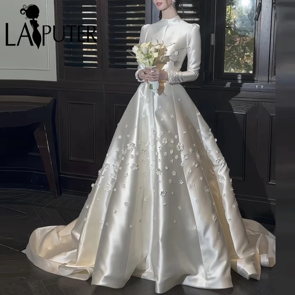 

Decent Long Sleeves Mikado Bridal Wedding Dresses Royal High Neck Bride Wedding Dress Petal Flowers Puffy Bridal Marriage Gown