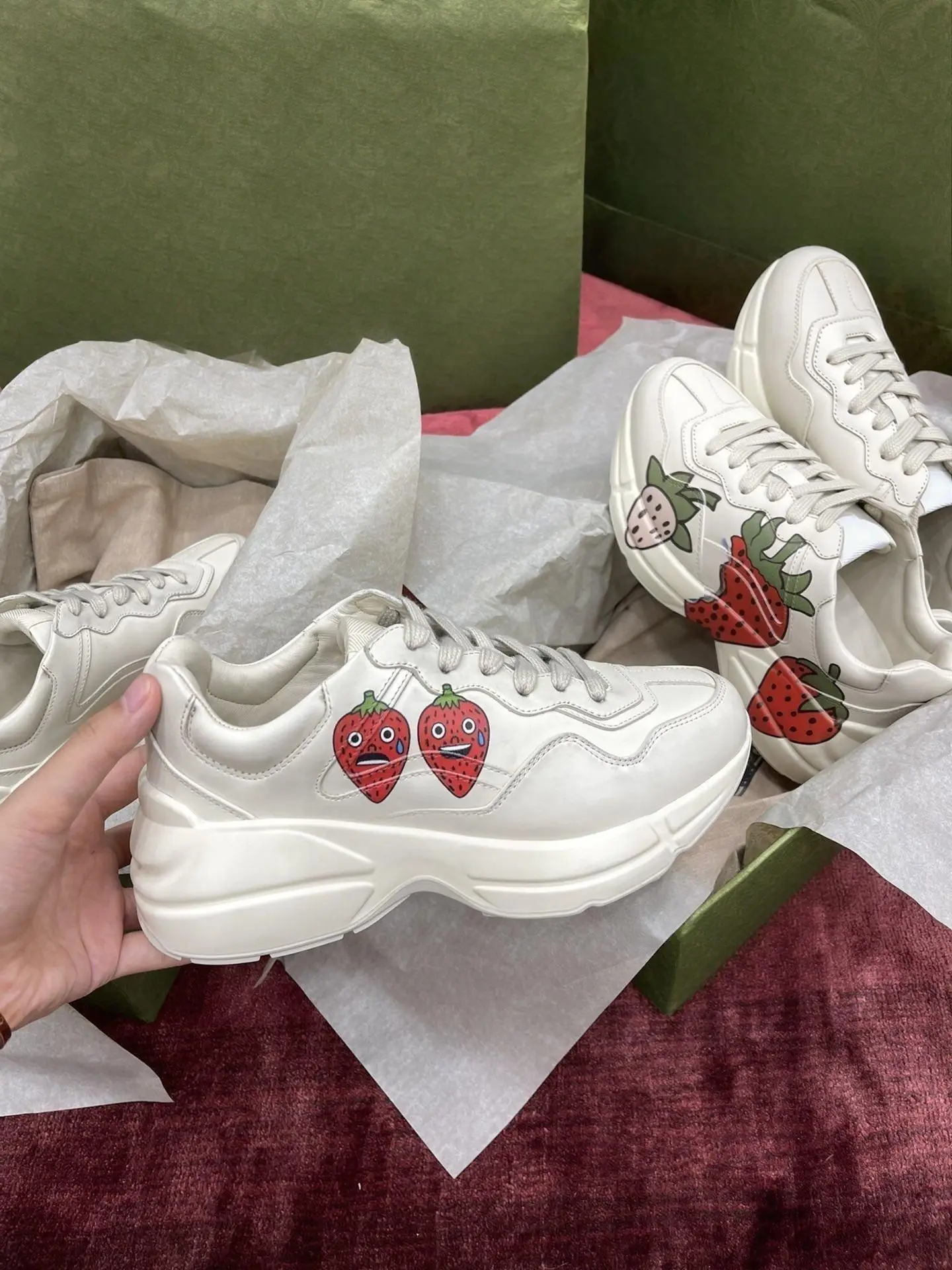 Unisex Cream Faux Leather Chunky Dad Sneakers, Strawberry Print Lace Up Low Top Thick Platform Sole Casual Walking Shoes