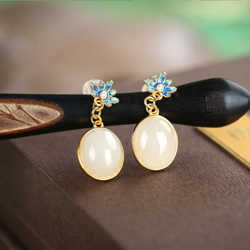 

S925 Sterling Silver Gold Plated Hetian Jade Root Starch Earrings