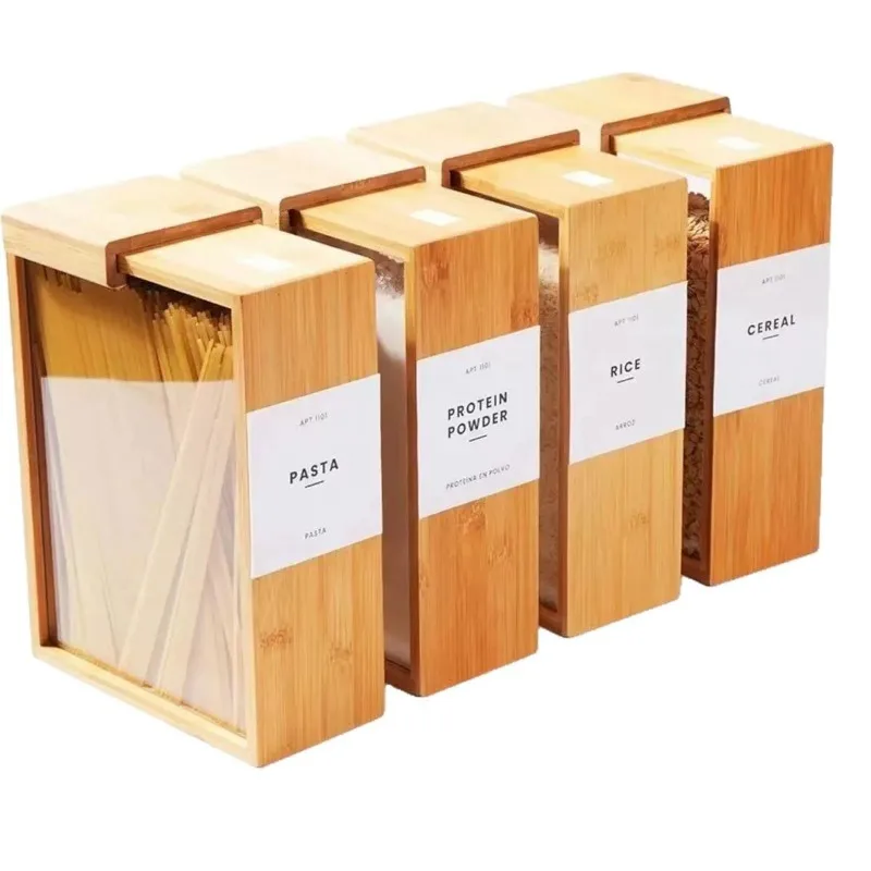 New Household Kitchen Bamboo and Wood Sliding Grain Storage Box Wooden Food Storage Box Dispenser 6