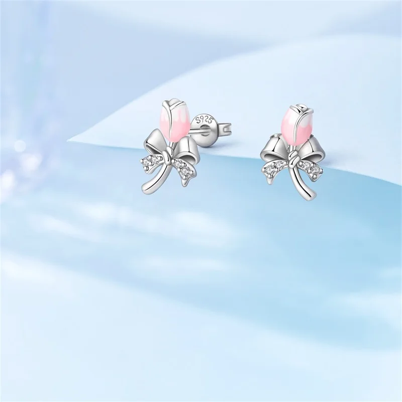 

Original 925 Sterling Silver Pink Tulip Earrings Sparkling CZ Zircon Exquisite Earrings For Women Birthday Jewelry Gifts