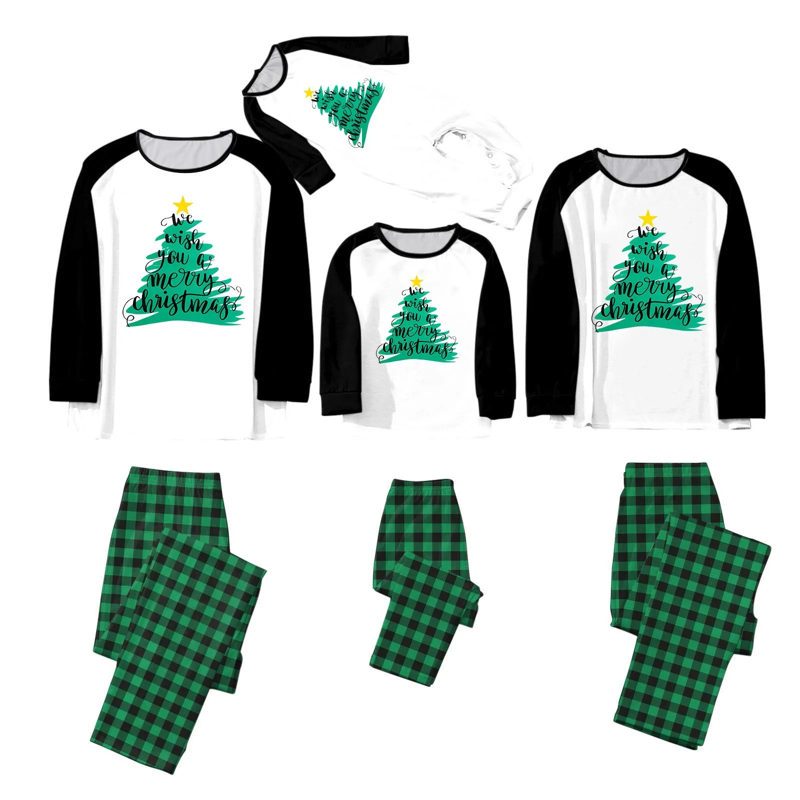 Family Matching Pajamas Christmas Tree Print Long Sleeve Tops and Green Plaid Pants Sleepwear Adult Child Clothing Outfit Sets