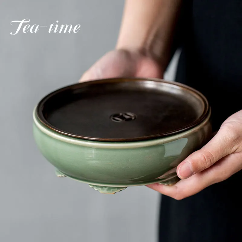 Handmade Yue Kiln Celadon Pot Bearing Holder with Copper Lid Retro Six Tripods Water Storage Tea Tray Household Tea Ceremony