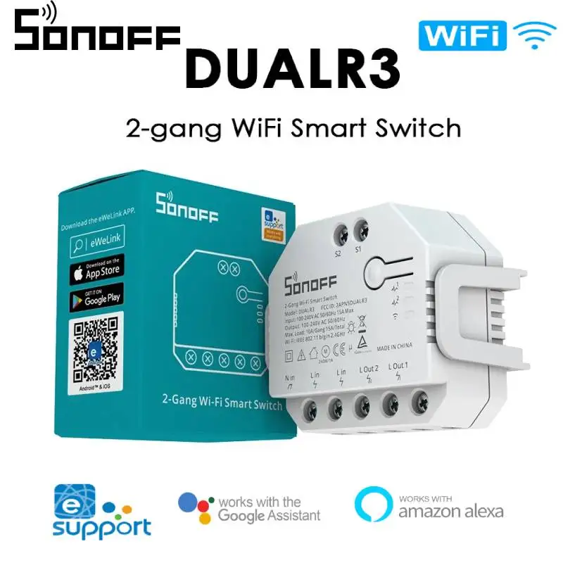 SONOFF-miniinterruptor inteligente DUAL R3, dispositivo con Wifi, temporizador y Monitor, Control EWeLink, hogar inteligente a través de Alexa y Google Home