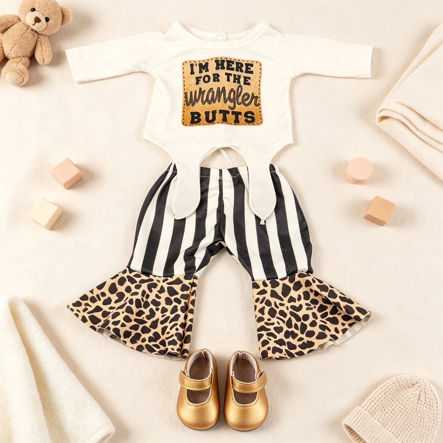 Funny Letter Print T-shirt Leopard Flare Pants Doll Clothes Set +Gold Shoes Fashion Accessories for 18