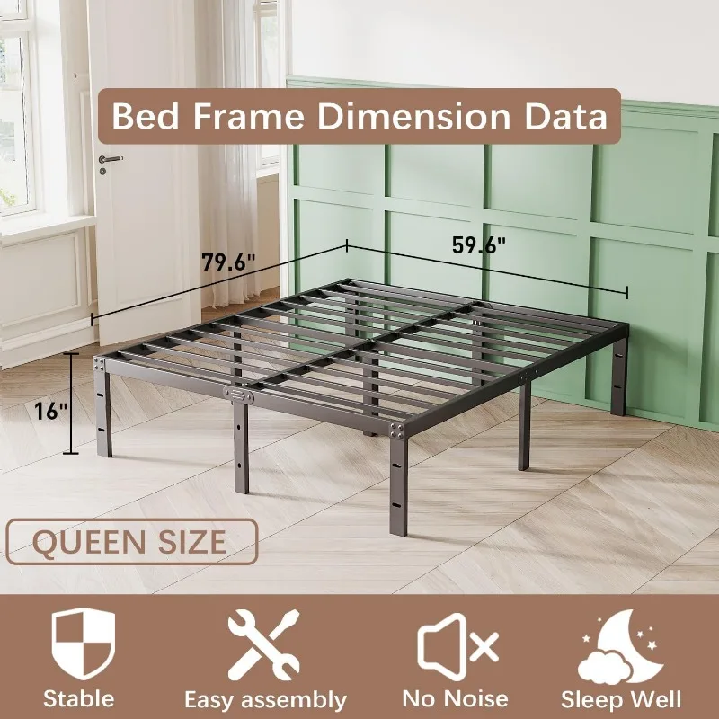 Queen Bed Frame, Metal Bed Frame 16 Inch Tall Bed Frame No Box Spring Needed, Heavy Duty Queen Platform Frame with Storage