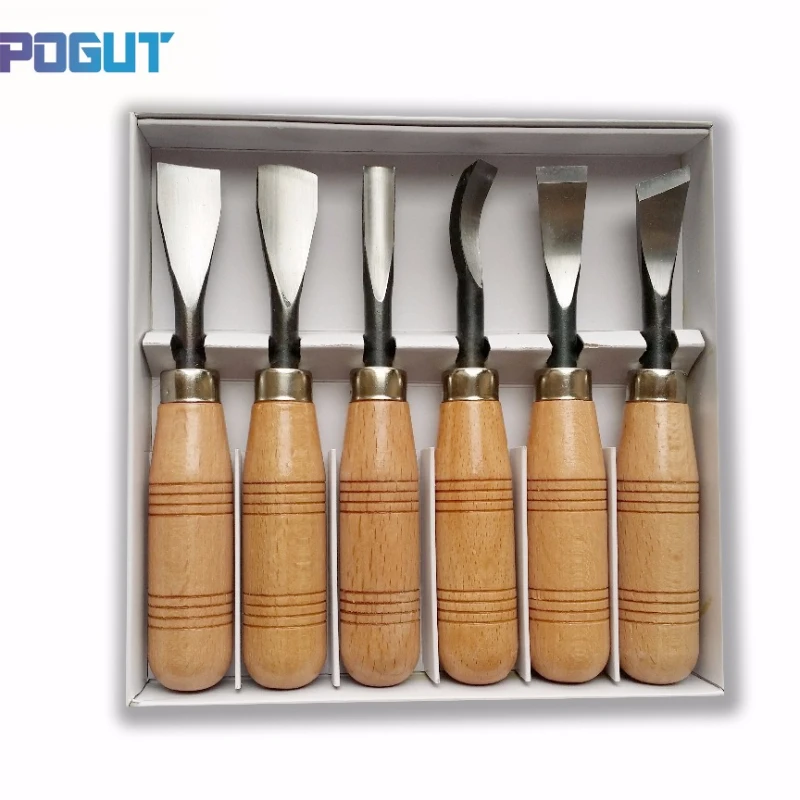 PMA306 6Pcs Big Size Woodpecker Dry Hand Wood Carving Tools Chip Detail Chisel Set Knives Tool