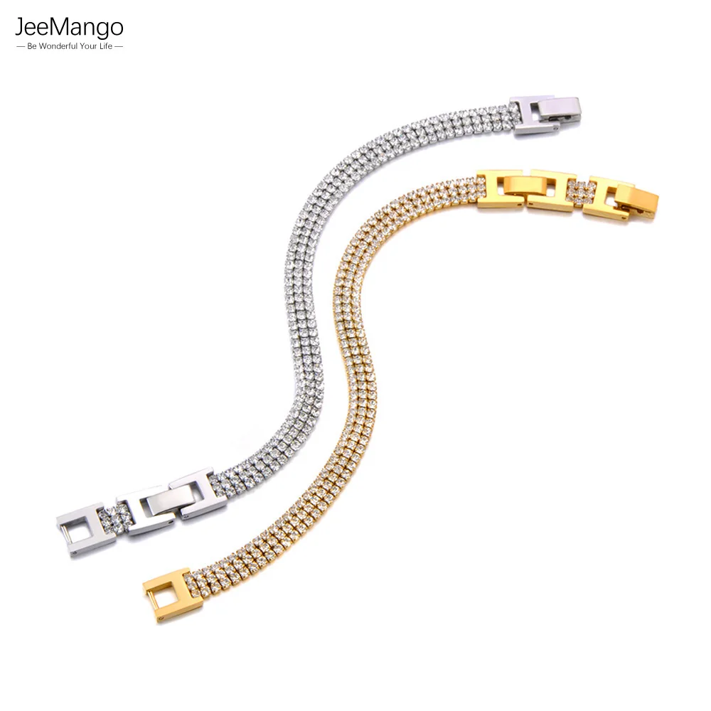 JeeMango High Quality Shiny Cubic Zirconia 2/3 Row Chain Wrist Bracelet Women Stainless Steel Exquisite Wedding Jewelry JB24011