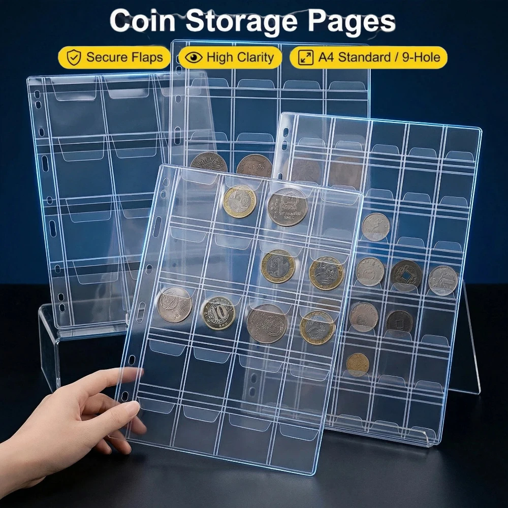 

10pcs A4 9-Ring Coin Binder Pages - Transparent PVC Sheets with Protective Flap Closure, 12/20/30/42 Pockets for Coin Collection