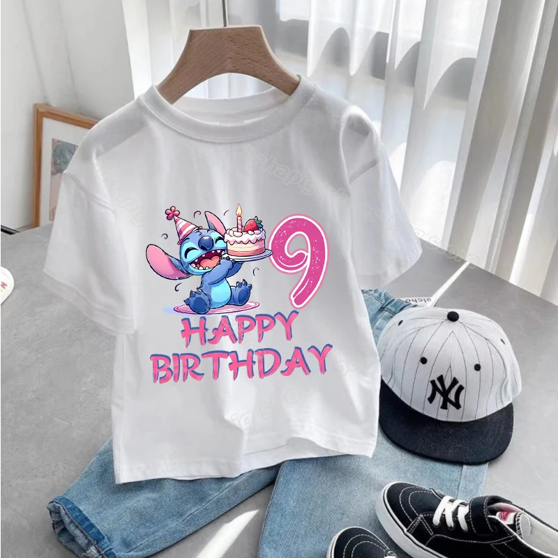 Anime Stitch Girl Birthday T-Shirt Summer Kids Number Tee Shirt Short Sleeve Children Tee Tops Cartoon Printed Toddler Clothes