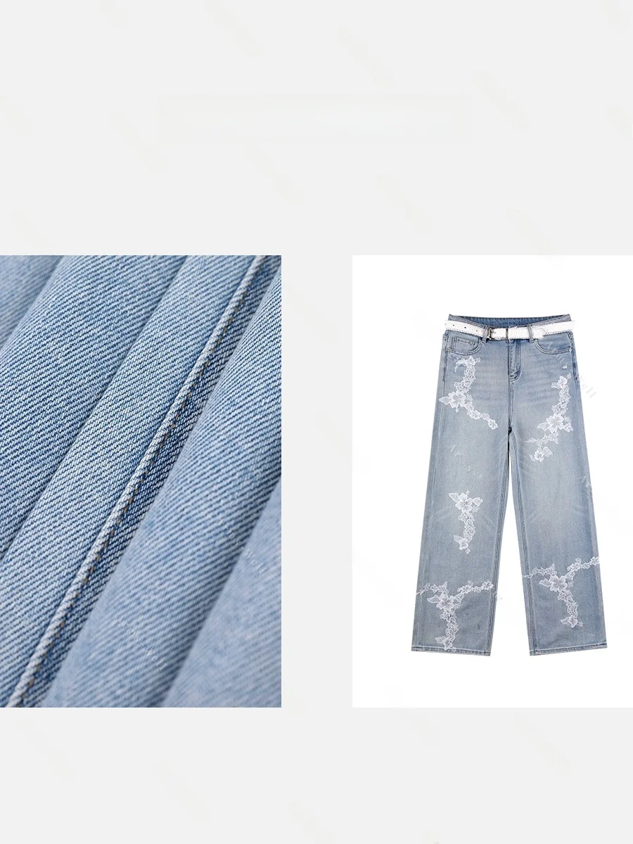 

Джинсы с высокой талией из хлопка с кружевными цветами и поясом, женские, свободного кроя, весна 2026, модные повседневные джинсы с высокой талией