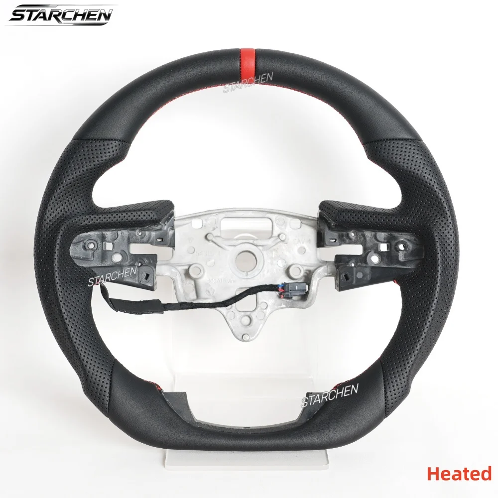 Full Leather D-Shaped Flat Bottom Steering Wheel for GMC Sierra 1500/2500/3500/Yukon (XL) 2020-2025 with Heating Red Positioning Line (Without Paddle Shift Holes)